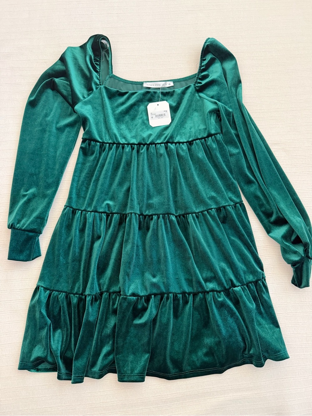Altar’d State Green Velvet Tiered Puff Sleeve Mini Dress XS NWT